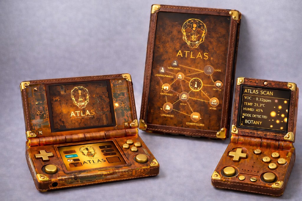 Atlas — semi-transparent amber and leather devices, designed for attention