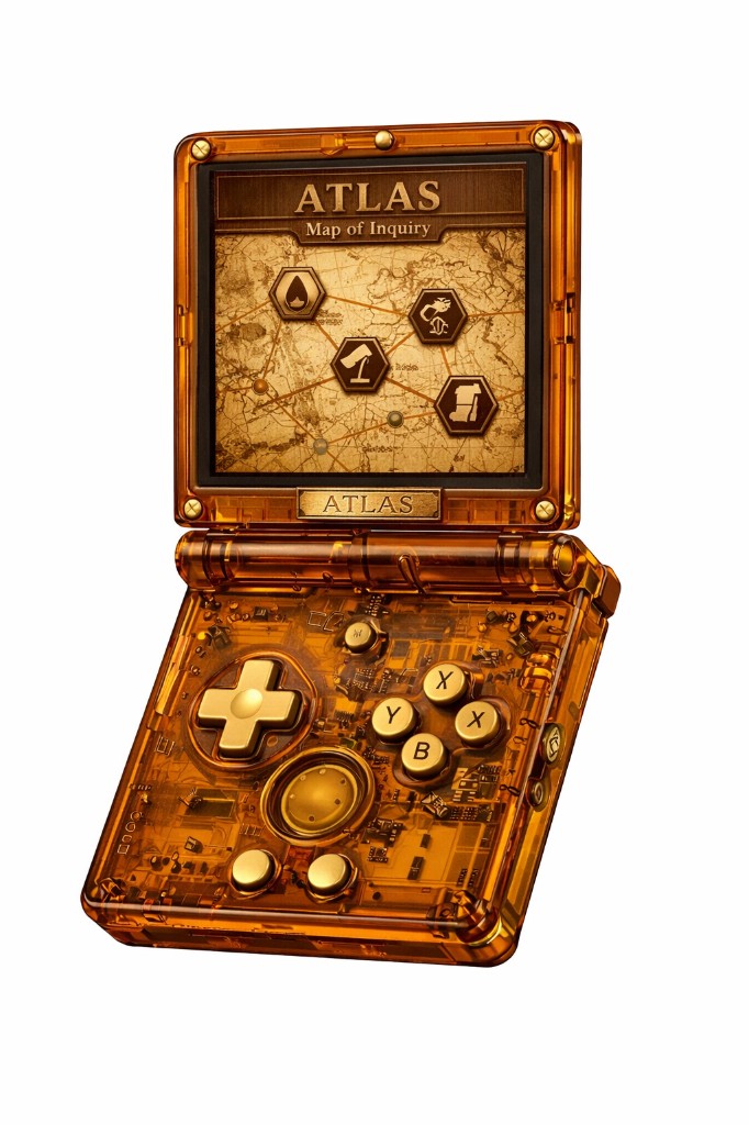 Atlas DS — semi-transparent amber shell with leather case, dual screens