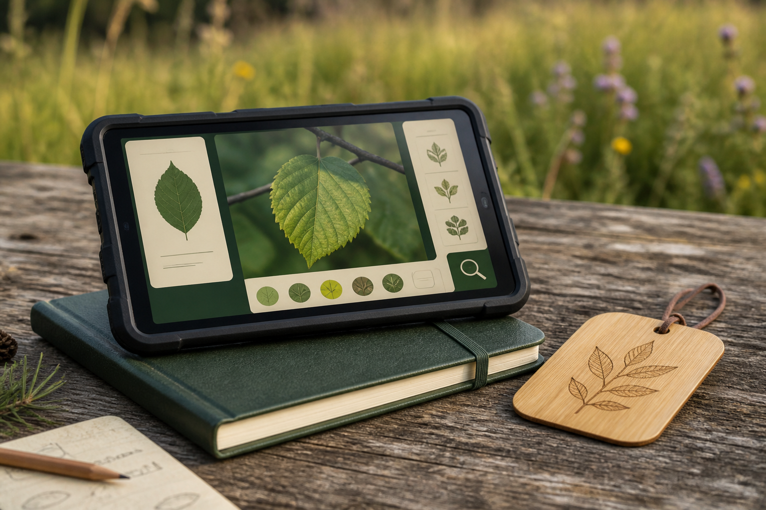 Atlas fieldbook beside a leaf card and a small natural specimen