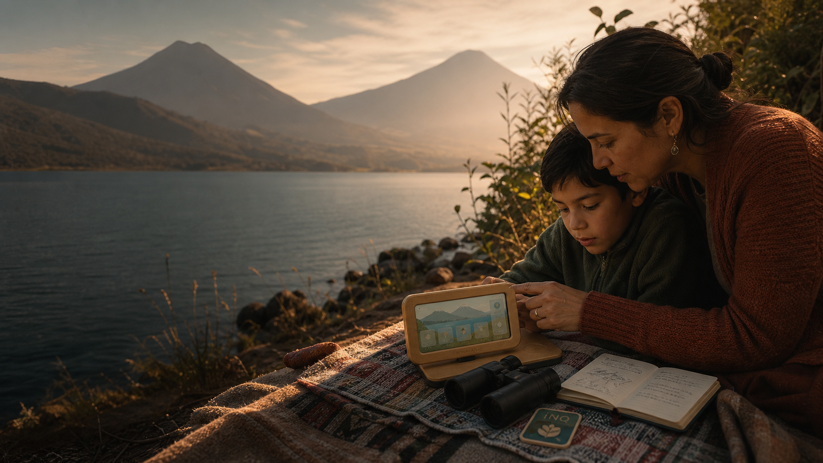 A parent and child use Mynah Atlas beside Lake Atitlán in Guatemala