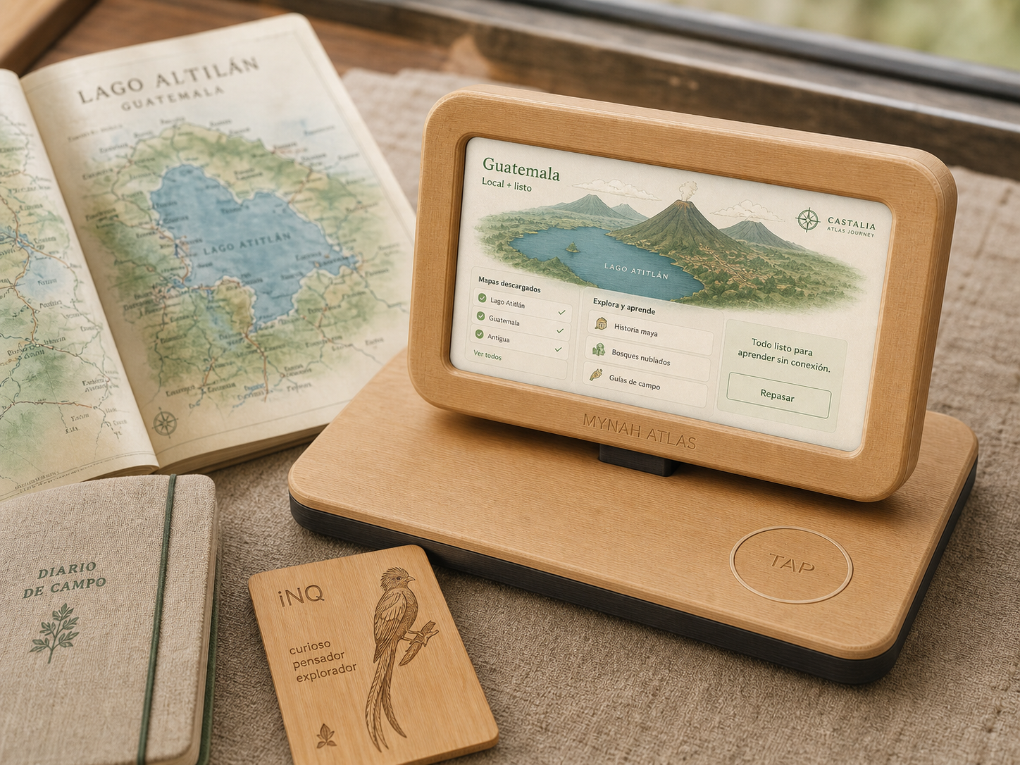 Bamboo-framed Mynah Atlas showing an offline-ready Guatemala World Pack beside a field journal, map, and iNQ card