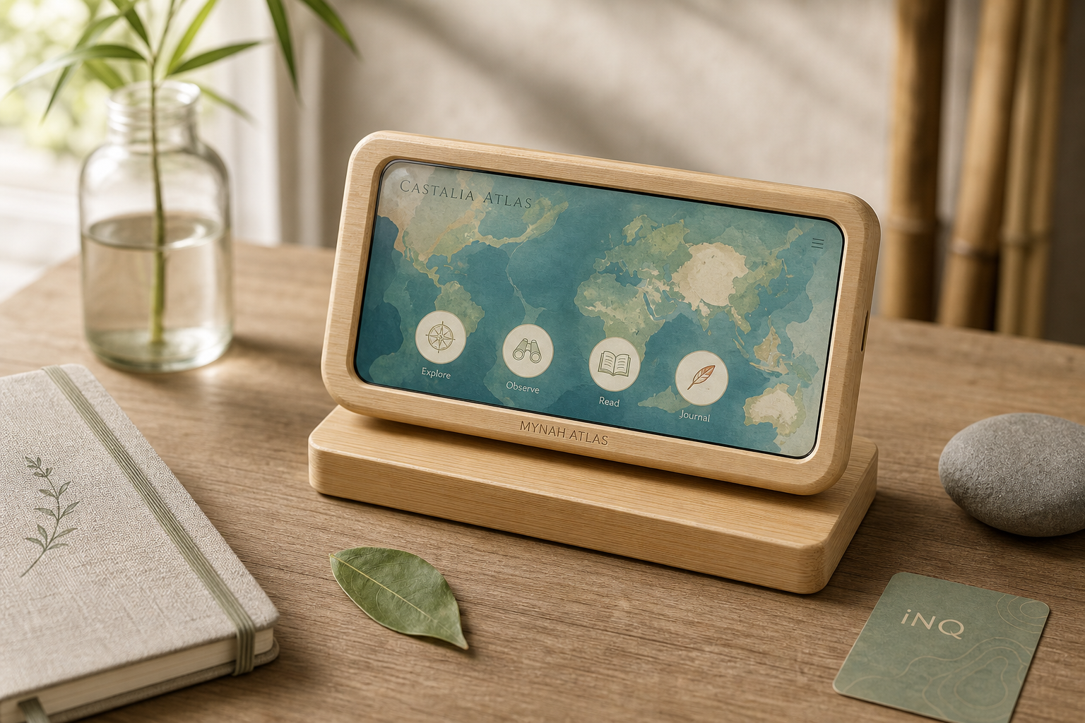 Mynah Atlas A16 in a rounded bamboo-filled enclosure on its dock beside a field notebook and iNQ card