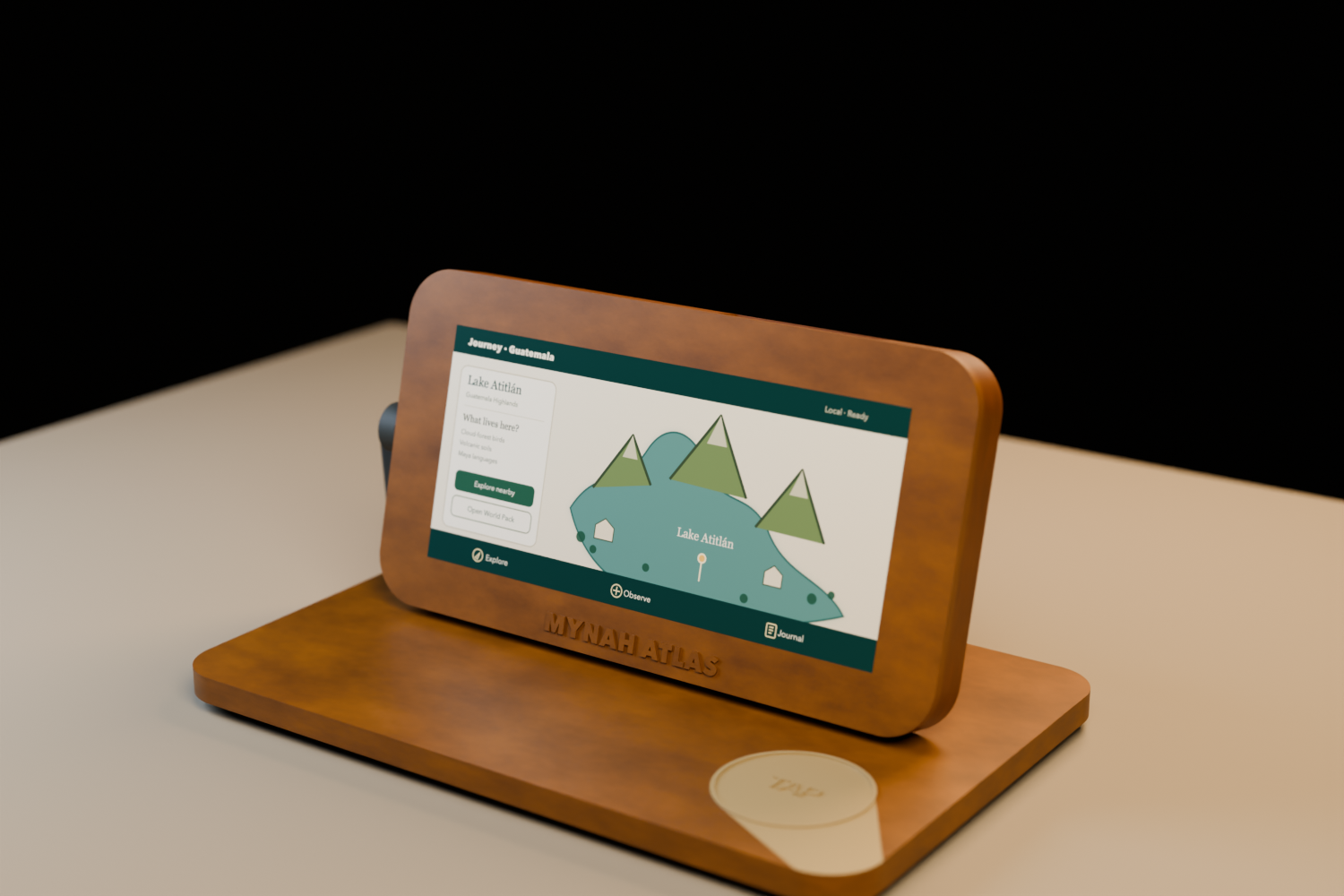 Mynah Atlas A16 on a bamboo dock showing an offline-ready Guatemala World Pack