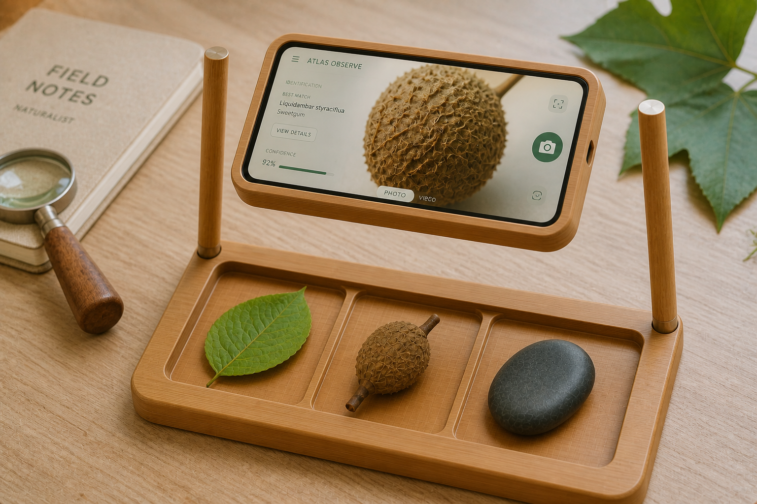 Mynah Atlas supported over its fitted bamboo observation tray, examining a leaf, seed pod, and stone